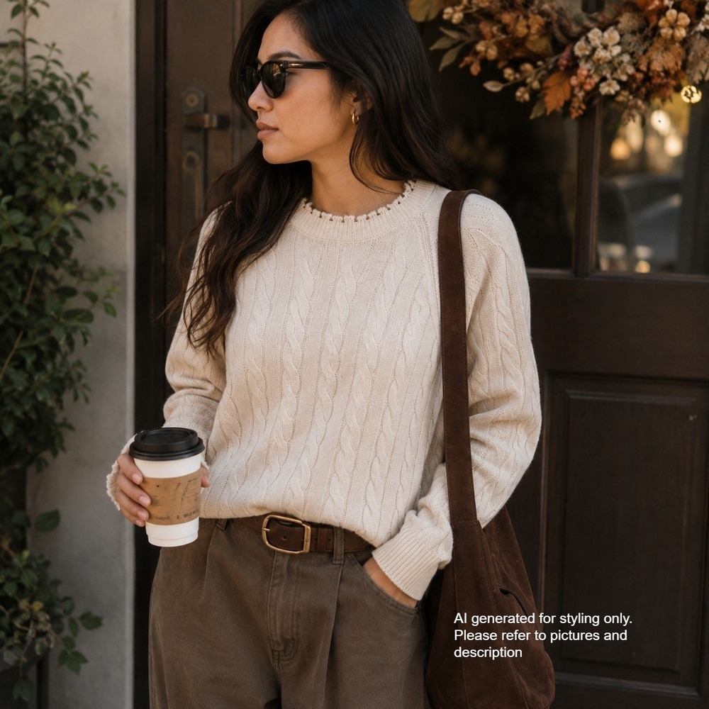 Evereve Womens Cream Cable Knit Distressed Cotton Sweater Medium Ivory Raglan